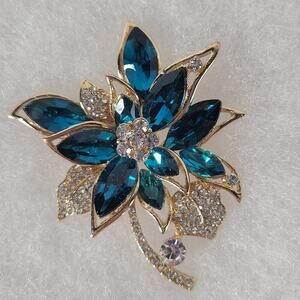 Dark Blue Faux Crystal Gold Tone Floral Flower Brooch Pendant